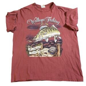 Vintage 90s Red Fishing Tee Mens Size XL Walleye Outdoors Lure Dad Angler Nature